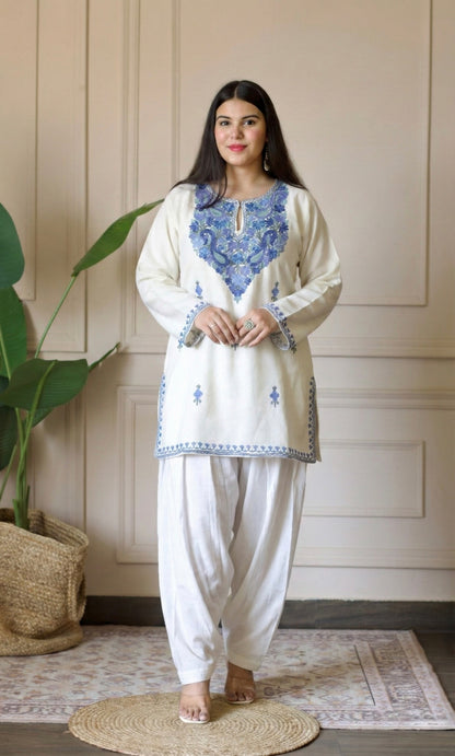 Sky Glow White Kashmiri Aari Embroidered Fine Cashmilon Short Kurti