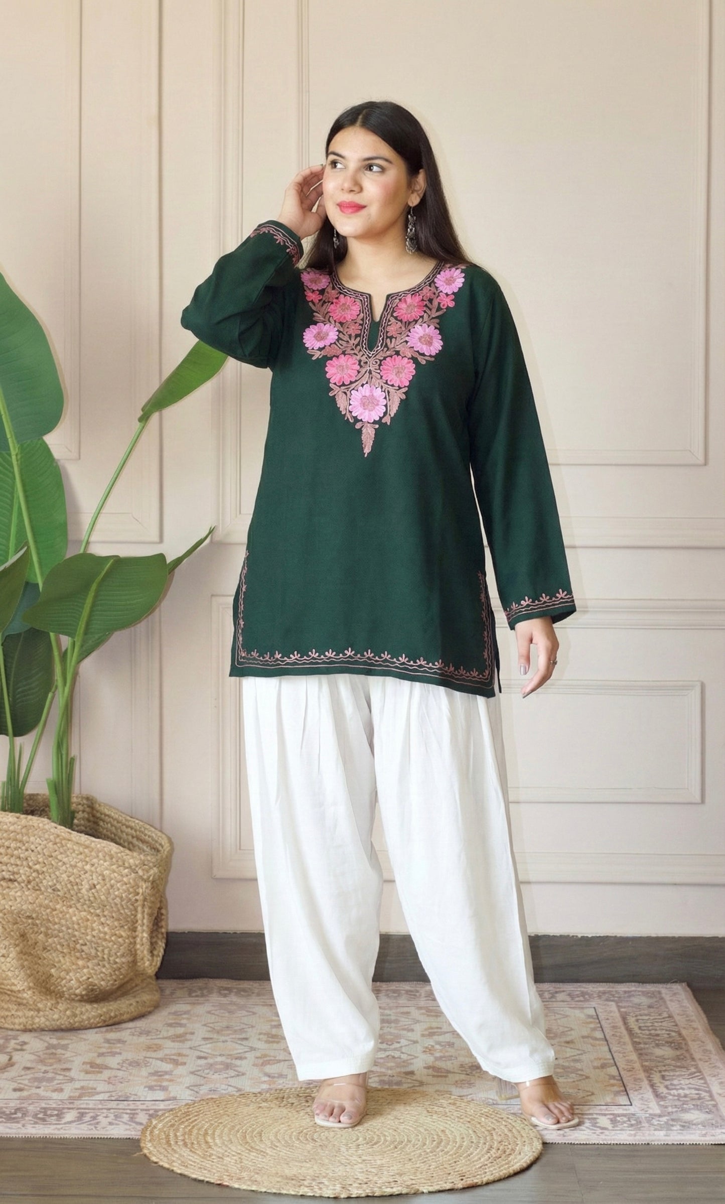 Blush Glow Green Kashmiri Aari Embroidered Fine Cashmilon Short Kurti