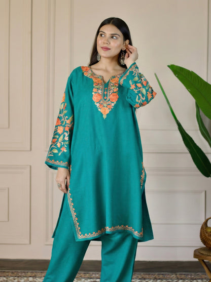 Sea Green Kashmiri Aari Woollen Co-ord Set - Saffron Glow