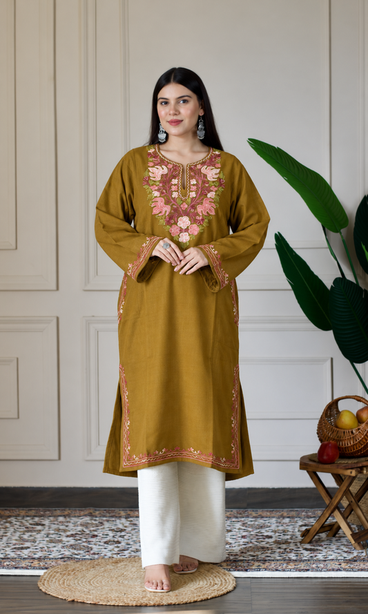 Deep Mustard Rose Ember Aari Embroidered Fine Cashmilon Pheran