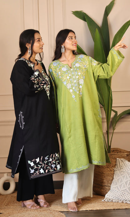 Light Green Aari Embroidered Fine Cashmilon Pheran