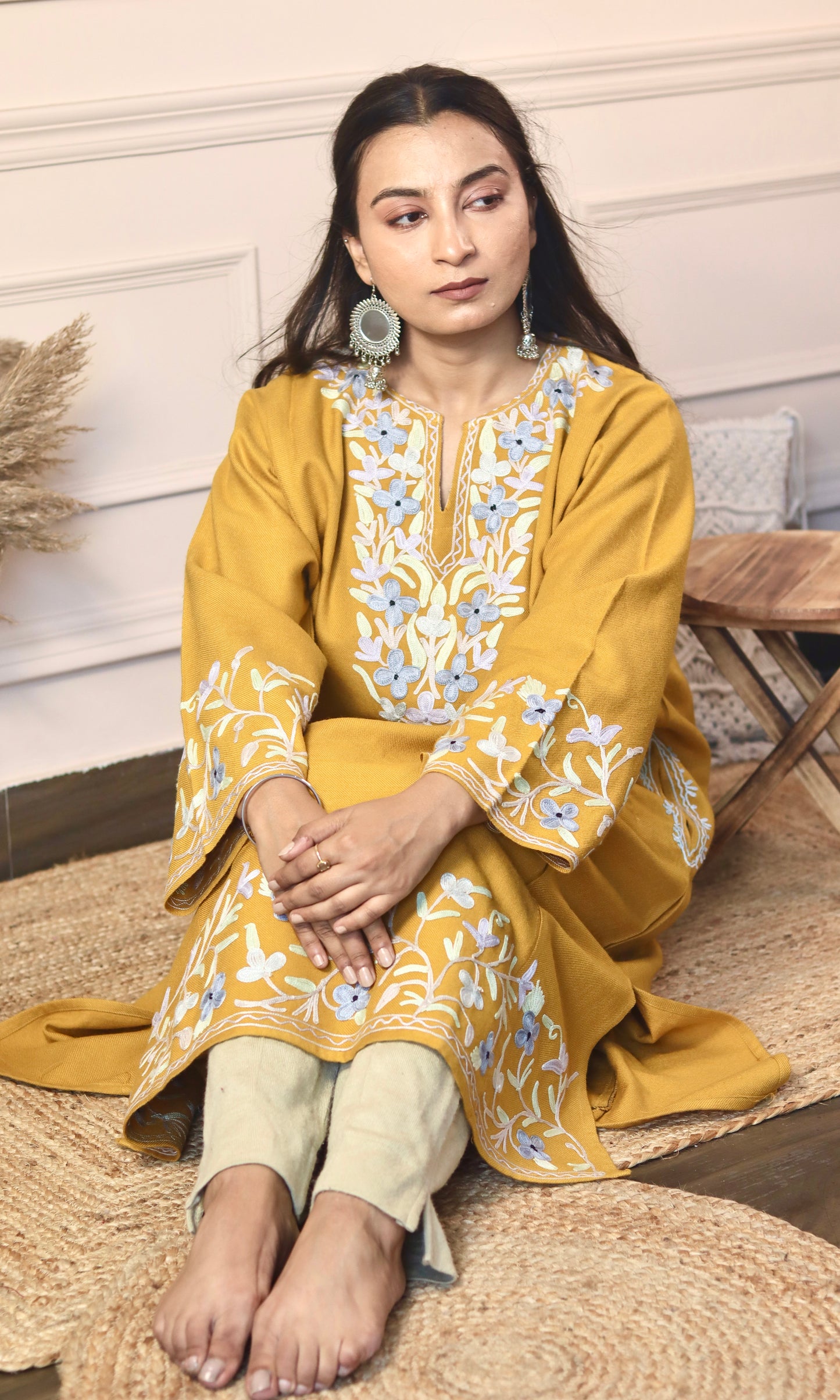 Mustard Yellow Aari Embroidered Fine Cashmilon Pheran