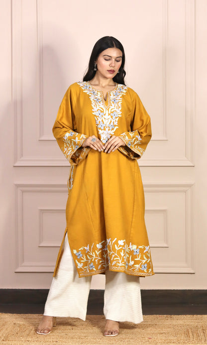 Mustard Yellow Aari Embroidered Fine Cashmilon Pheran