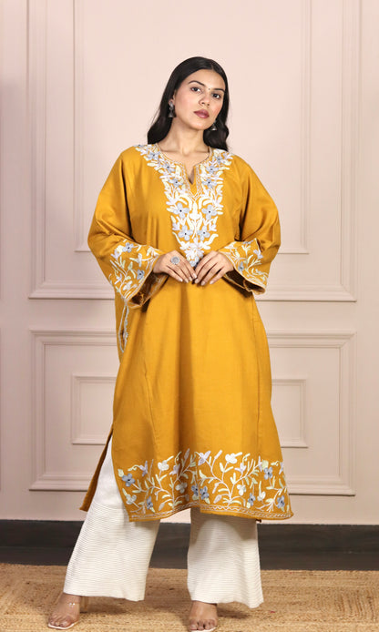 Mustard Yellow Aari Embroidered Fine Cashmilon Pheran