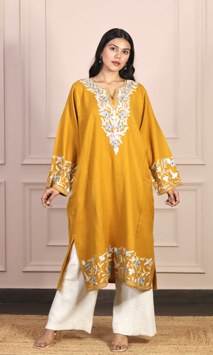 Mustard Yellow Aari Embroidered Fine Cashmilon Pheran