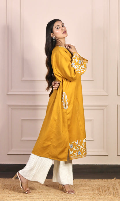 Mustard Yellow Aari Embroidered Fine Cashmilon Pheran