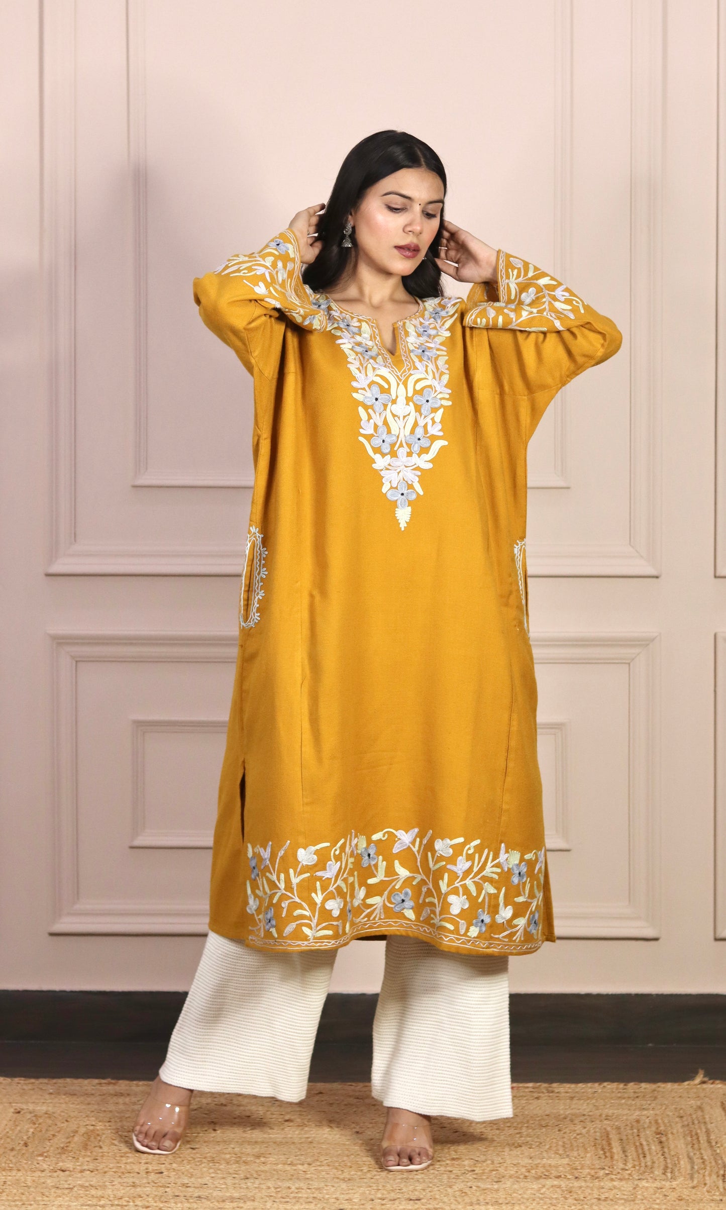 Mustard Yellow Aari Embroidered Fine Cashmilon Pheran