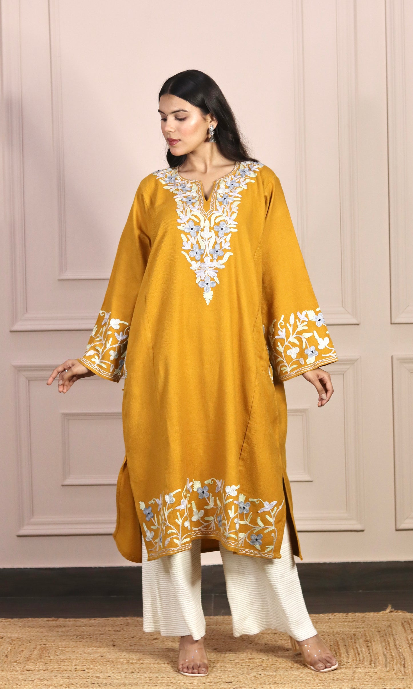 Mustard Yellow Aari Embroidered Fine Cashmilon Pheran