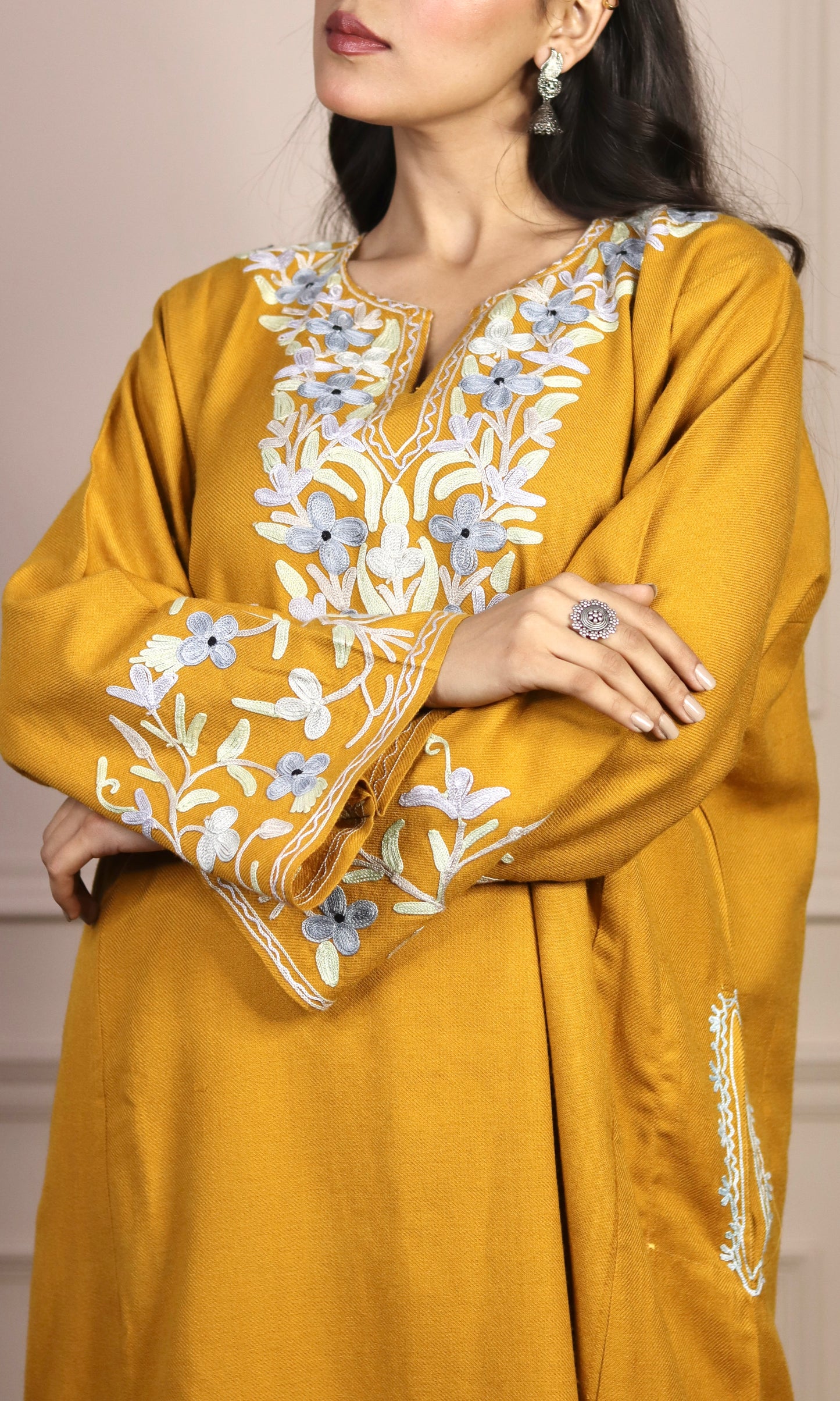 Mustard Yellow Aari Embroidered Fine Cashmilon Pheran