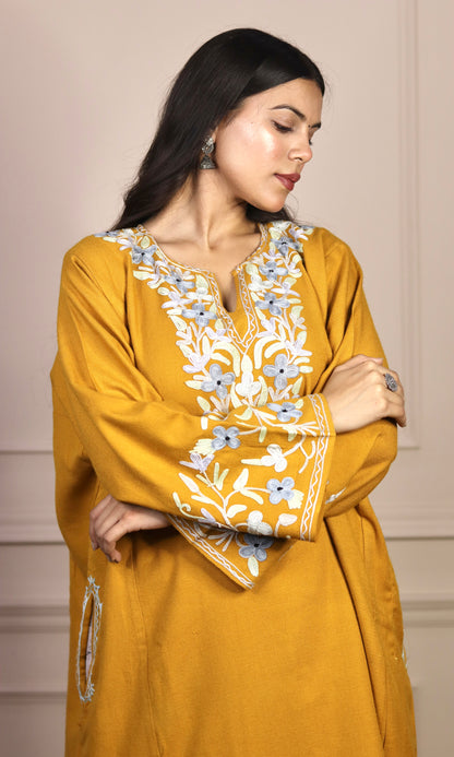 Mustard Yellow Aari Embroidered Fine Cashmilon Pheran