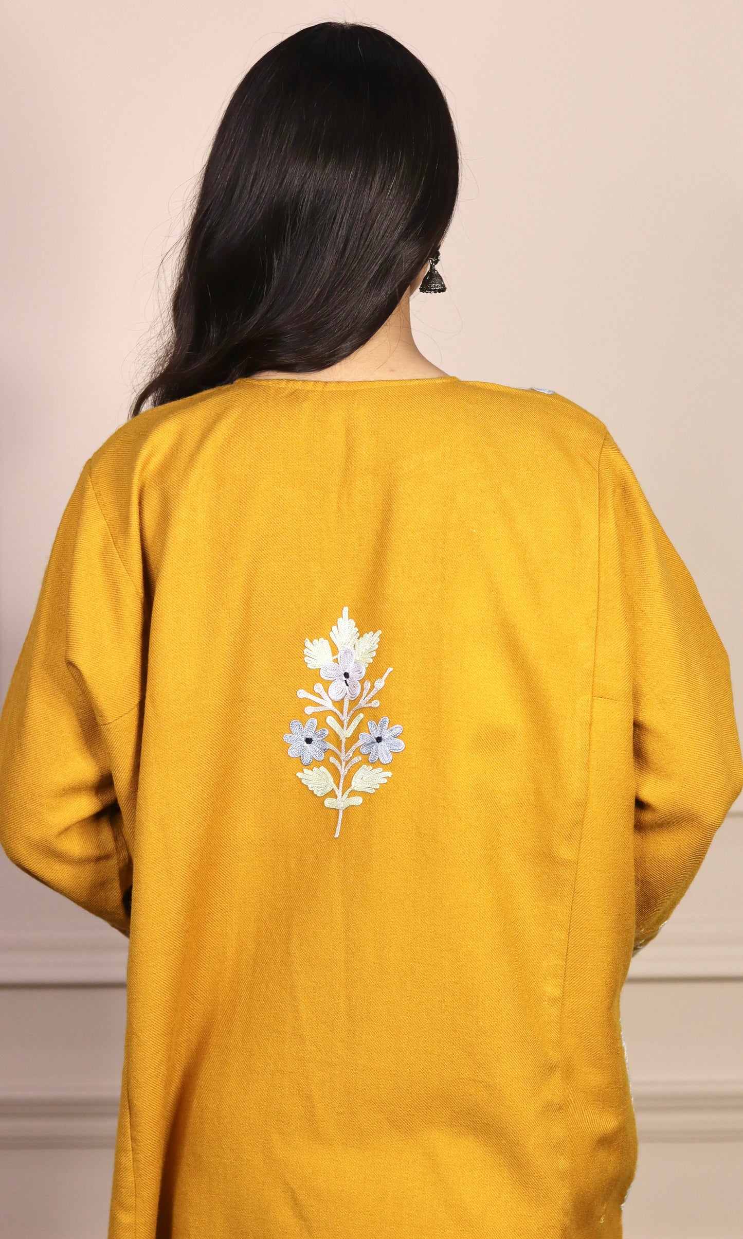 Mustard Yellow Aari Embroidered Fine Cashmilon Pheran