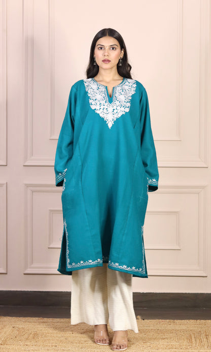 Deep Sea Zari Embroidered Cashmilon Pheran