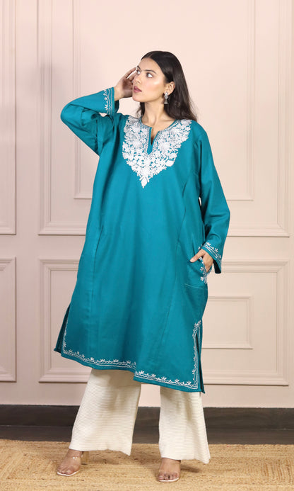 Deep Sea Zari Embroidered Cashmilon Pheran