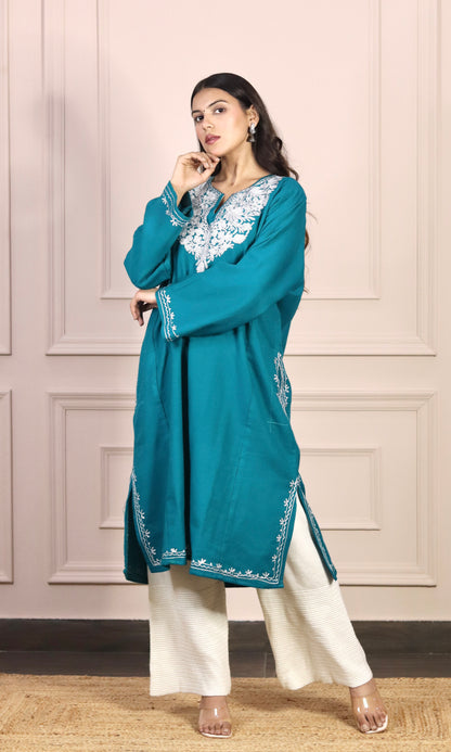 Deep Sea Zari Embroidered Cashmilon Pheran