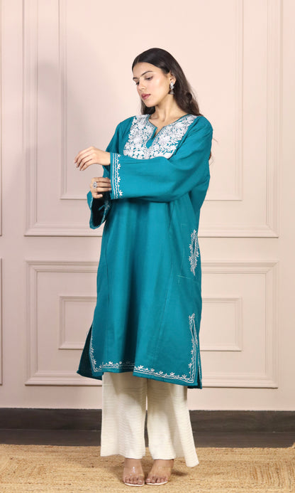 Deep Sea Zari Embroidered Cashmilon Pheran