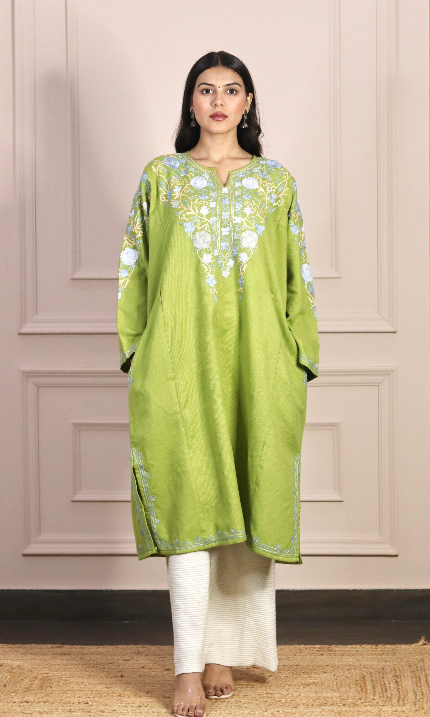 Light Green Aari Embroidered Fine Cashmilon Pheran