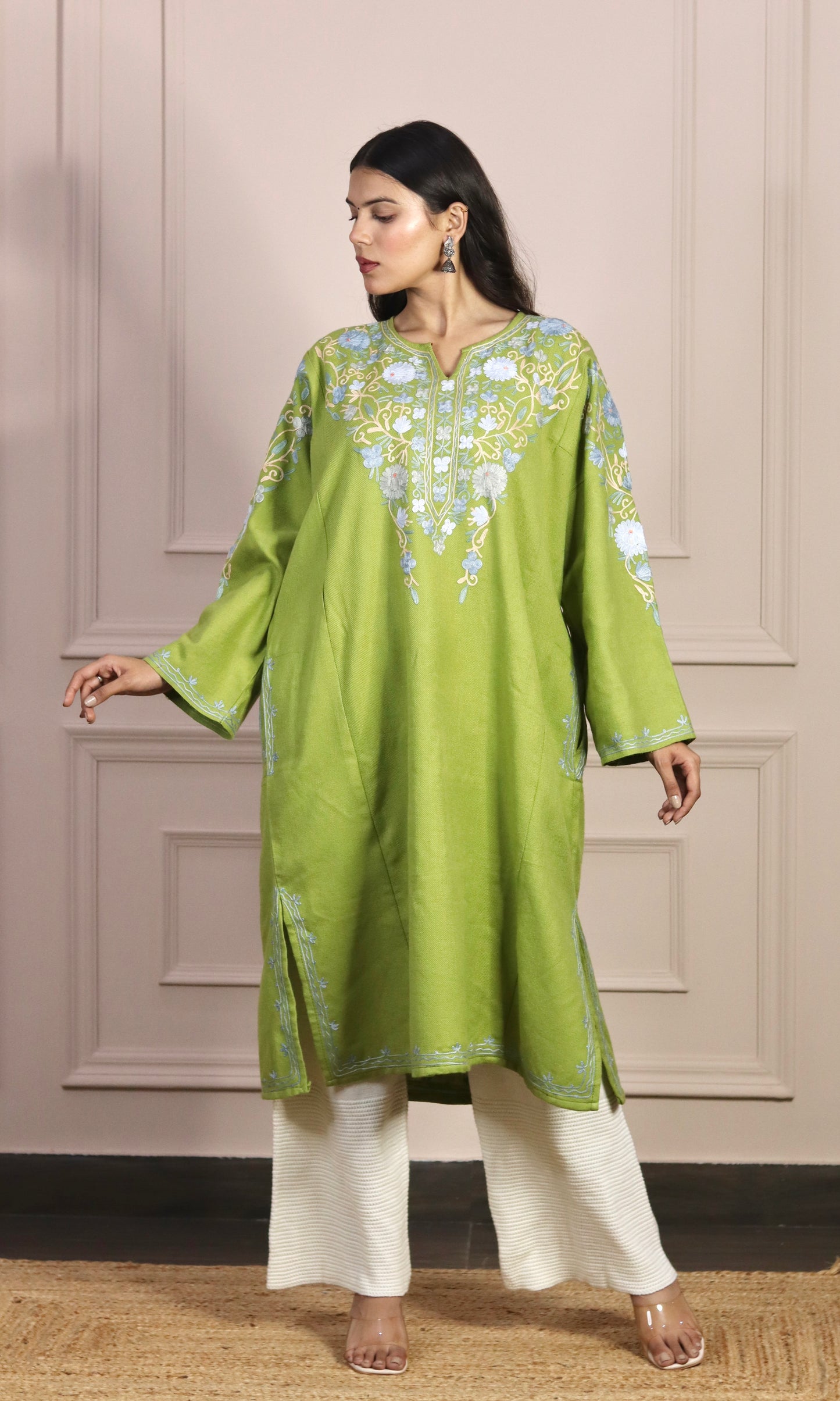 Light Green Aari Embroidered Fine Cashmilon Pheran