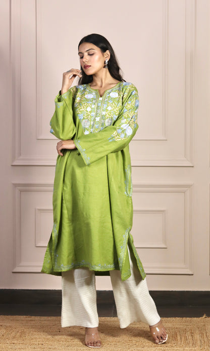 Light Green Aari Embroidered Fine Cashmilon Pheran