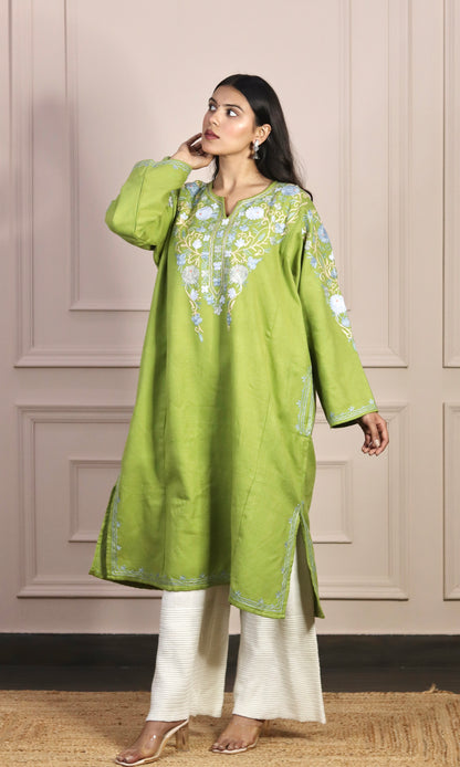 Light Green Aari Embroidered Fine Cashmilon Pheran