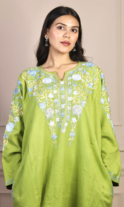 Light Green Aari Embroidered Fine Cashmilon Pheran