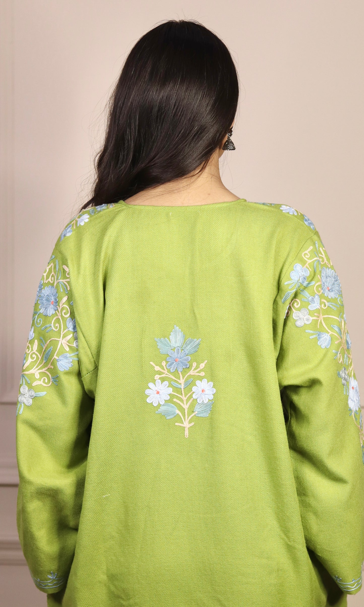 Light Green Aari Embroidered Fine Cashmilon Pheran