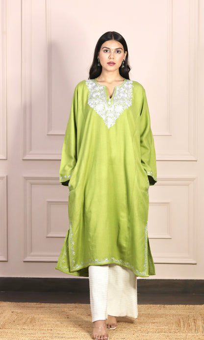 Light Green Zari Embroidered Cashmilon Pheran