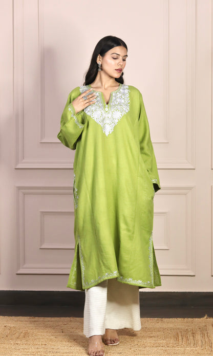 Light Green Zari Embroidered Cashmilon Pheran