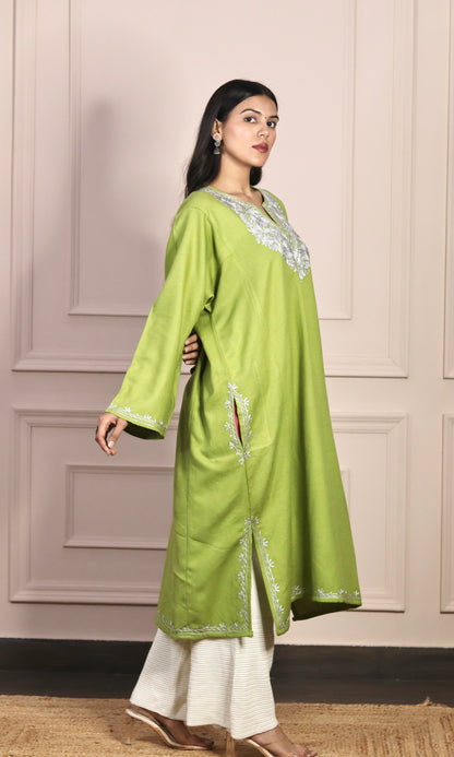 Light Green Zari Embroidered Cashmilon Pheran