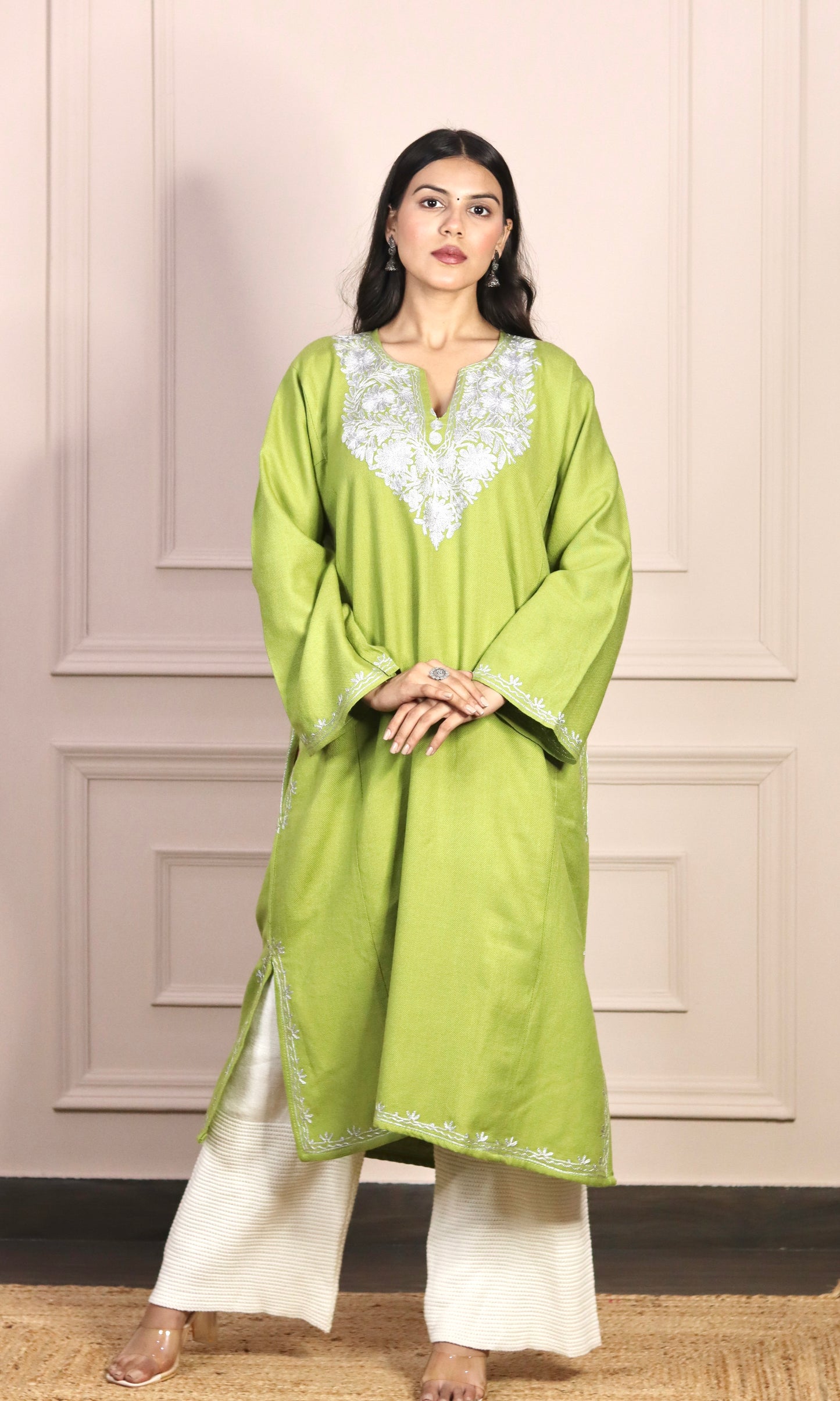 Light Green Zari Embroidered Cashmilon Pheran