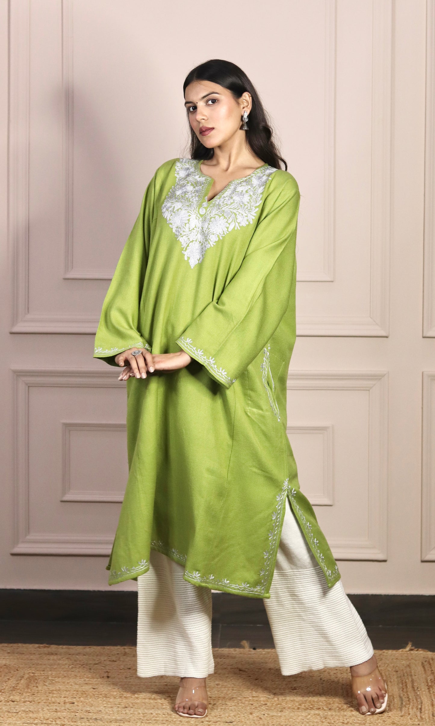 Light Green Zari Embroidered Cashmilon Pheran