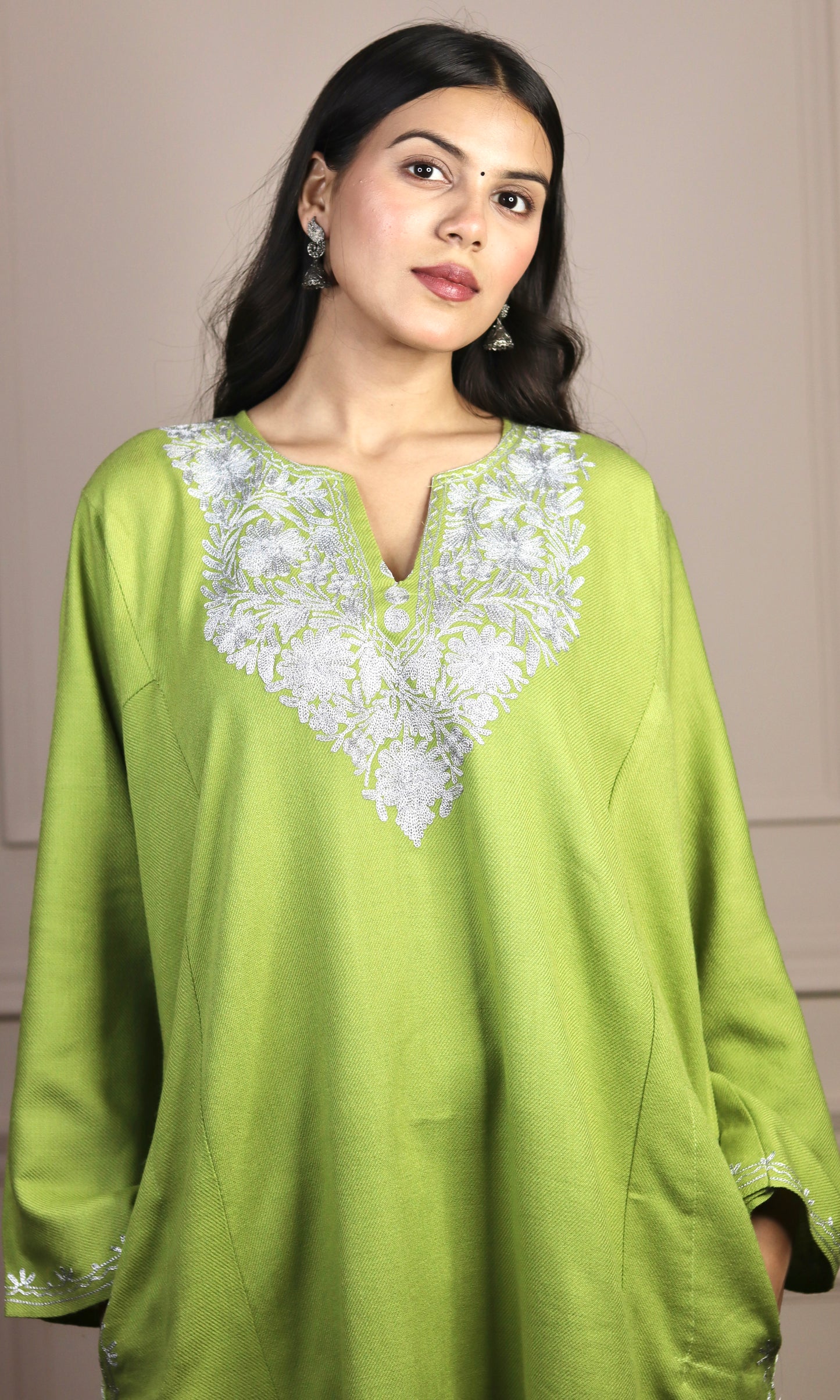 Light Green Zari Embroidered Cashmilon Pheran