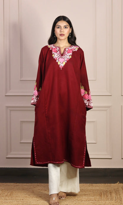 Ruby Wine Aari Embroidered Fine Cashmilon Pheran