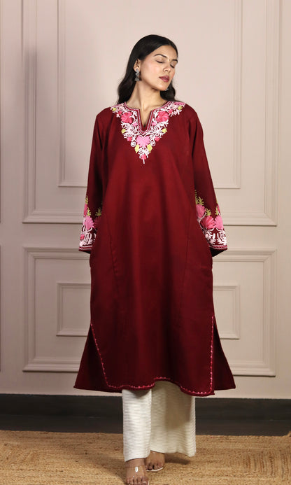 Ruby Wine Aari Embroidered Fine Cashmilon Pheran