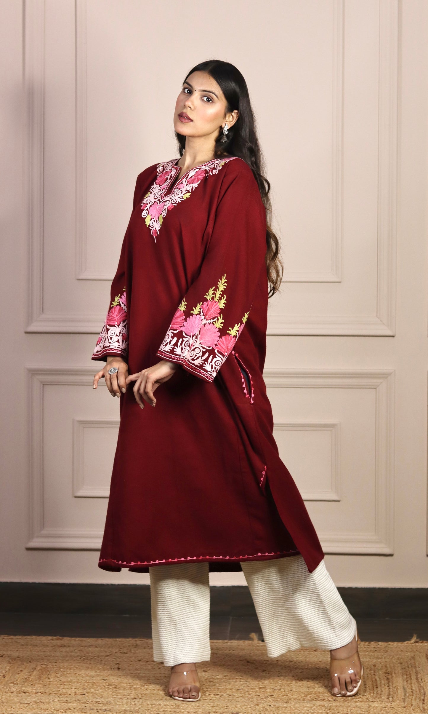 Ruby Wine Aari Embroidered Fine Cashmilon Pheran