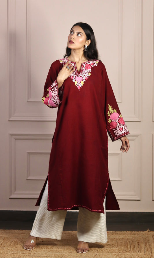 Ruby Wine Aari Embroidered Fine Cashmilon Pheran