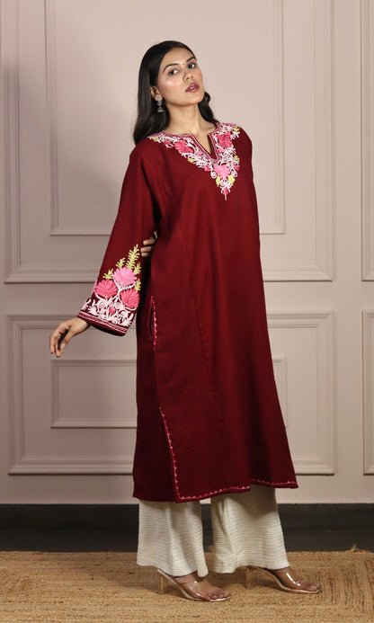 Ruby Wine Aari Embroidered Fine Cashmilon Pheran