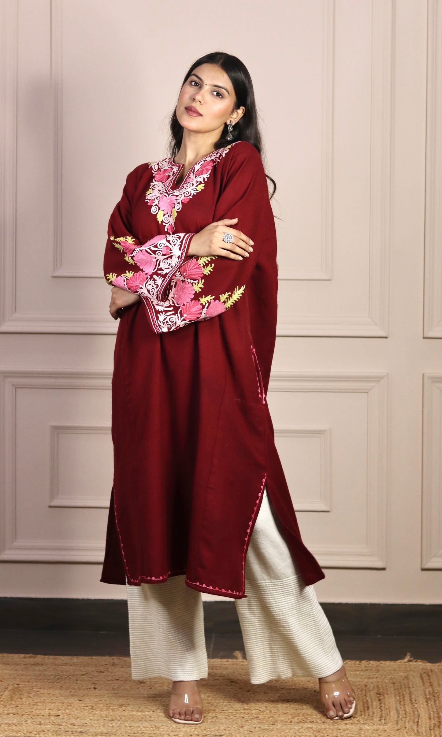 Ruby Wine Aari Embroidered Fine Cashmilon Pheran