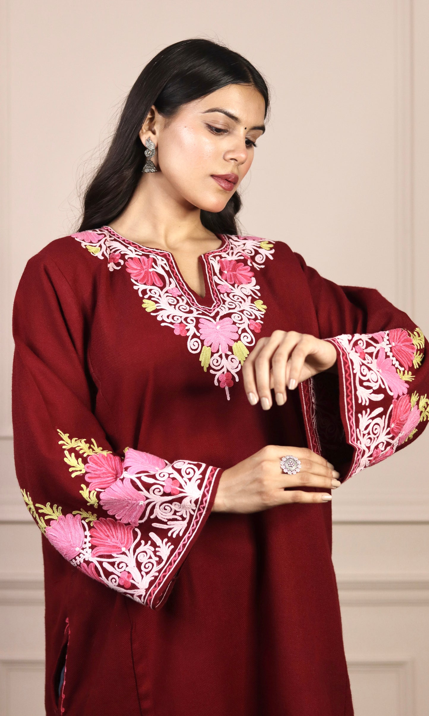 Ruby Wine Aari Embroidered Fine Cashmilon Pheran