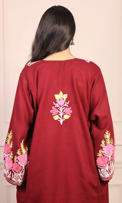 Ruby Wine Aari Embroidered Fine Cashmilon Pheran