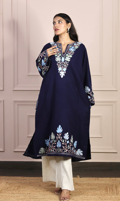 Navy Blue Aari Embroidered Fine Cashmilon Pheran