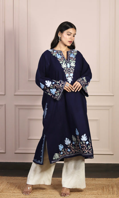 Navy Blue Aari Embroidered Fine Cashmilon Pheran