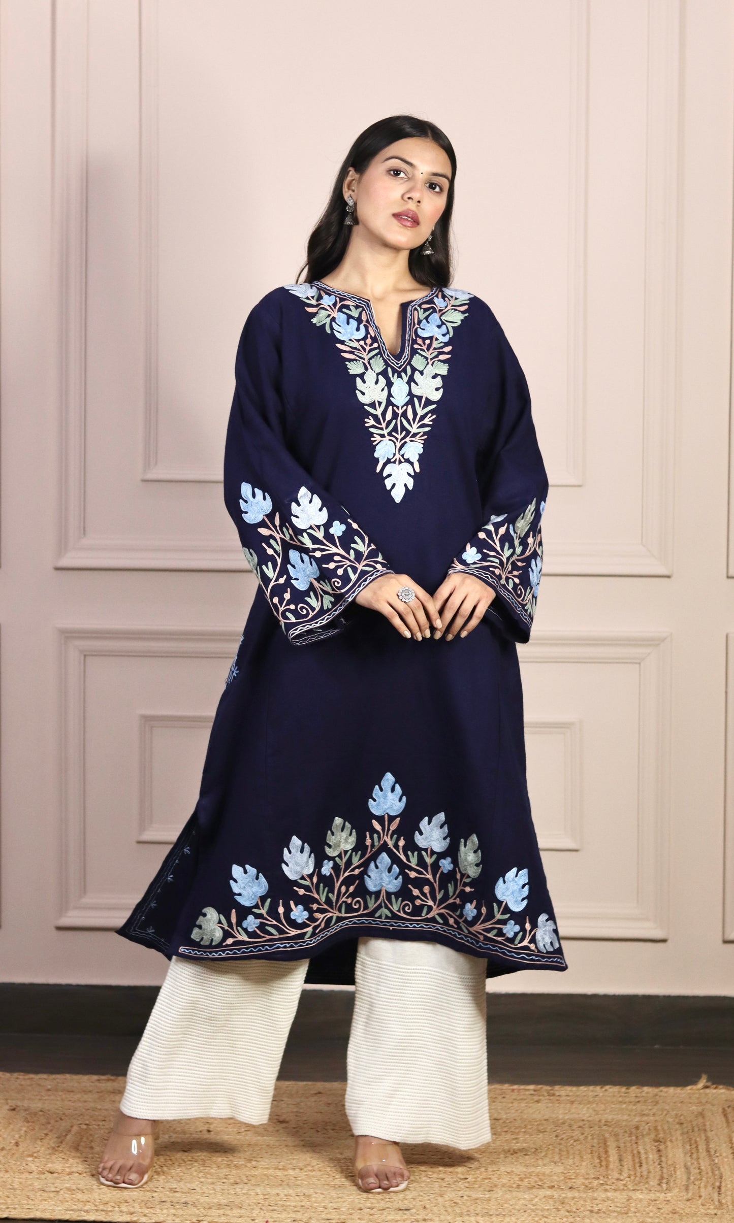 Navy Blue Aari Embroidered Fine Cashmilon Pheran