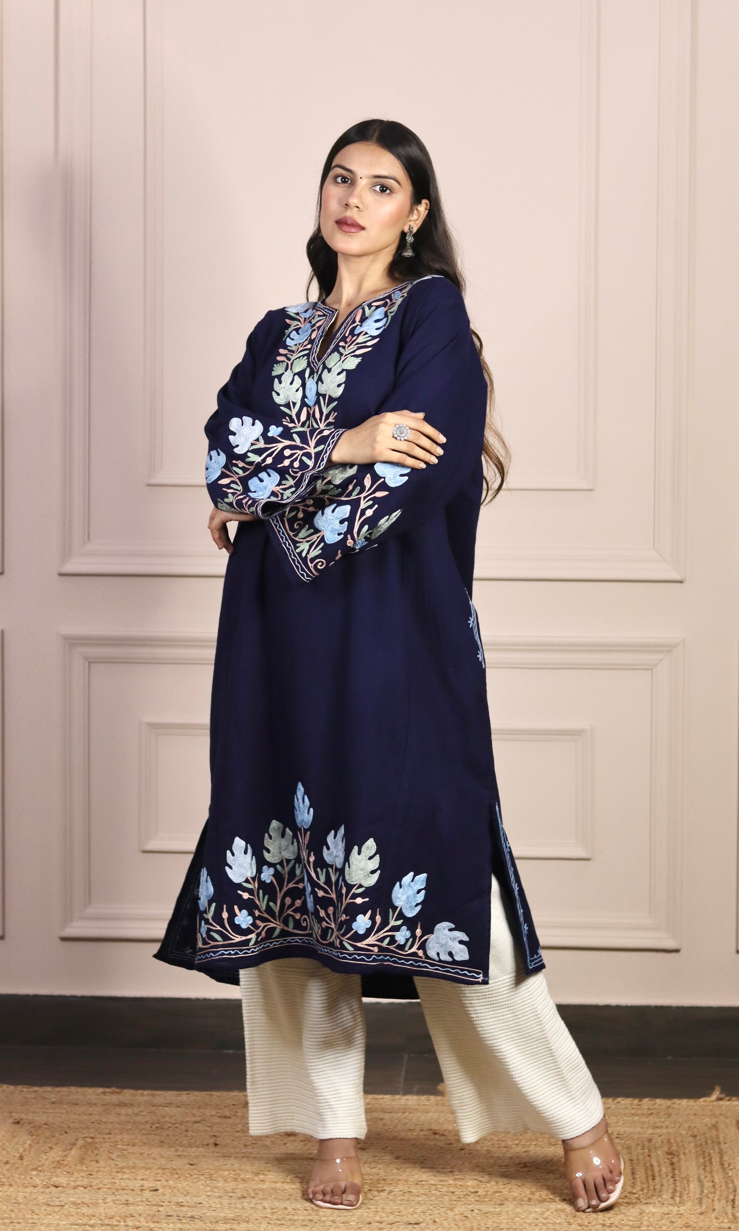 Navy Blue Aari Embroidered Fine Cashmilon Pheran