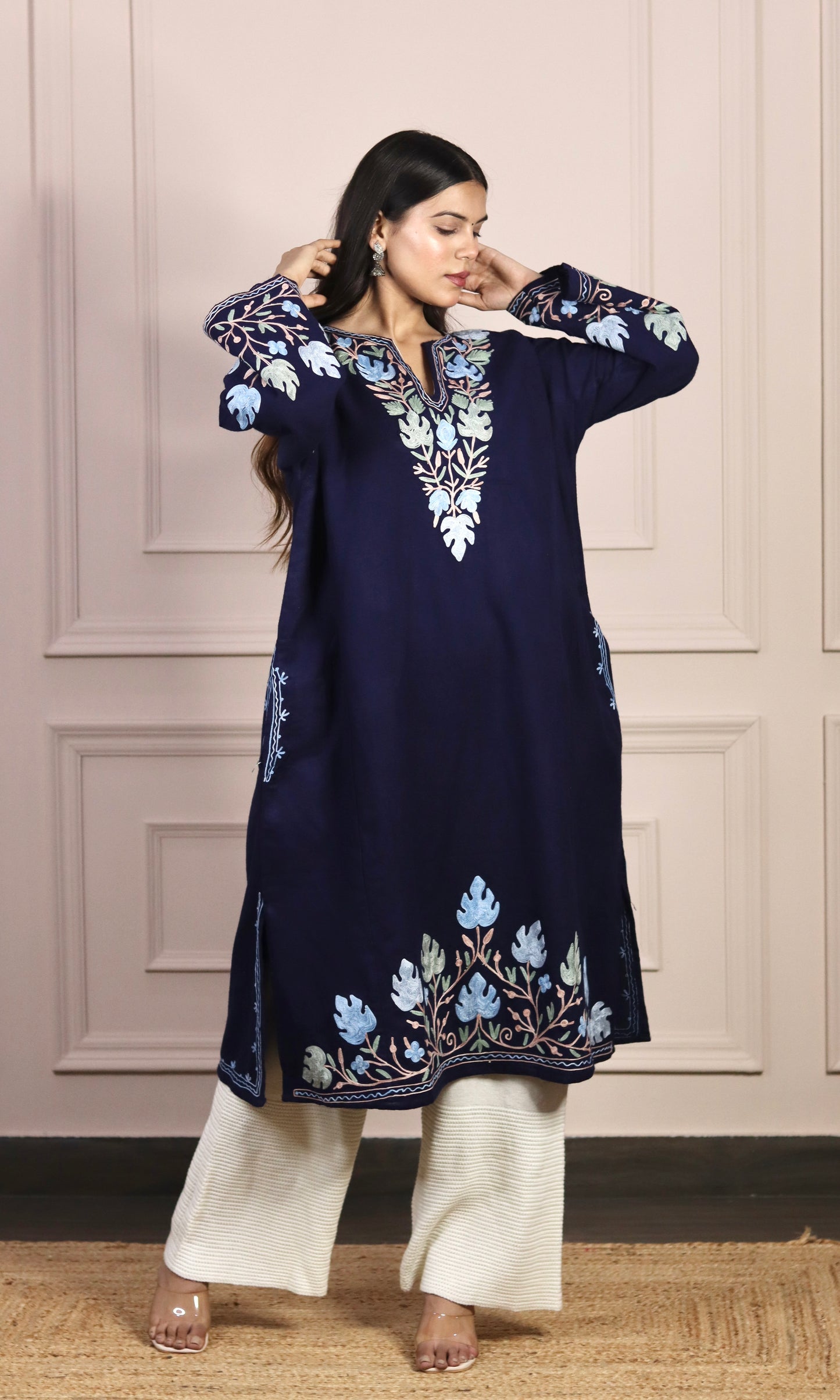 Navy Blue Aari Embroidered Fine Cashmilon Pheran