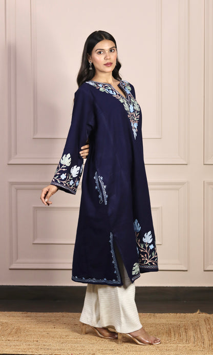 Navy Blue Aari Embroidered Fine Cashmilon Pheran