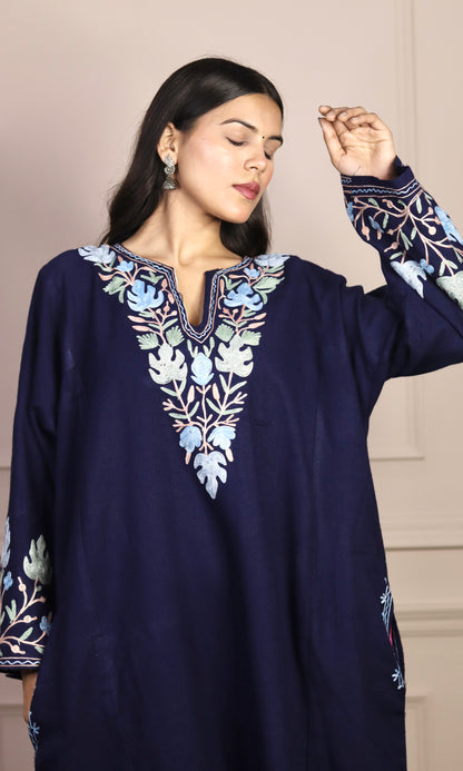 Navy Blue Aari Embroidered Fine Cashmilon Pheran