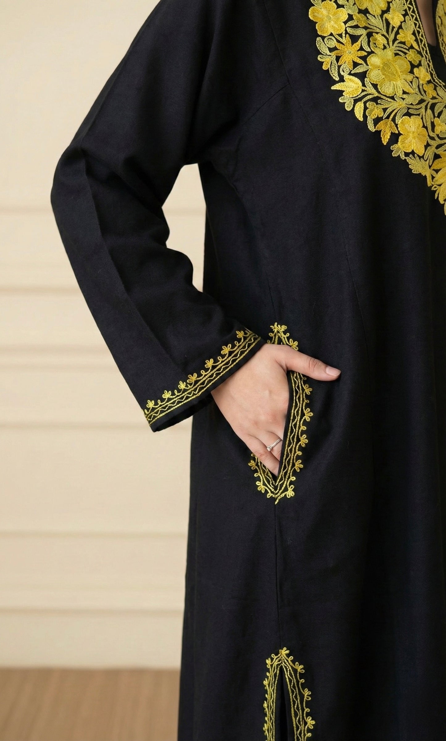 Black Sage Gold Aari Embroidered Fine Cashmilon Pheran