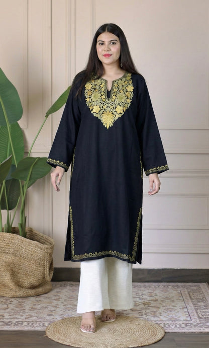 Black Sage Gold Aari Embroidered Fine Cashmilon Pheran