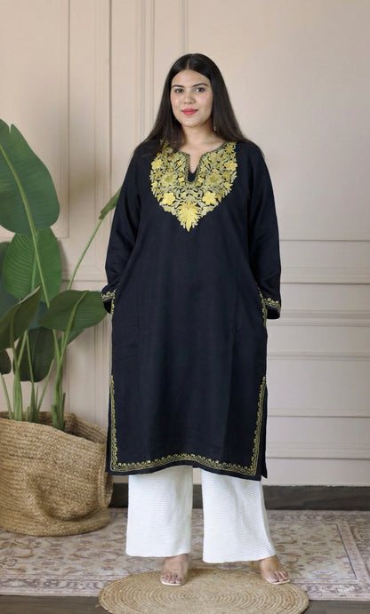 Black Sage Gold Aari Embroidered Fine Cashmilon Pheran