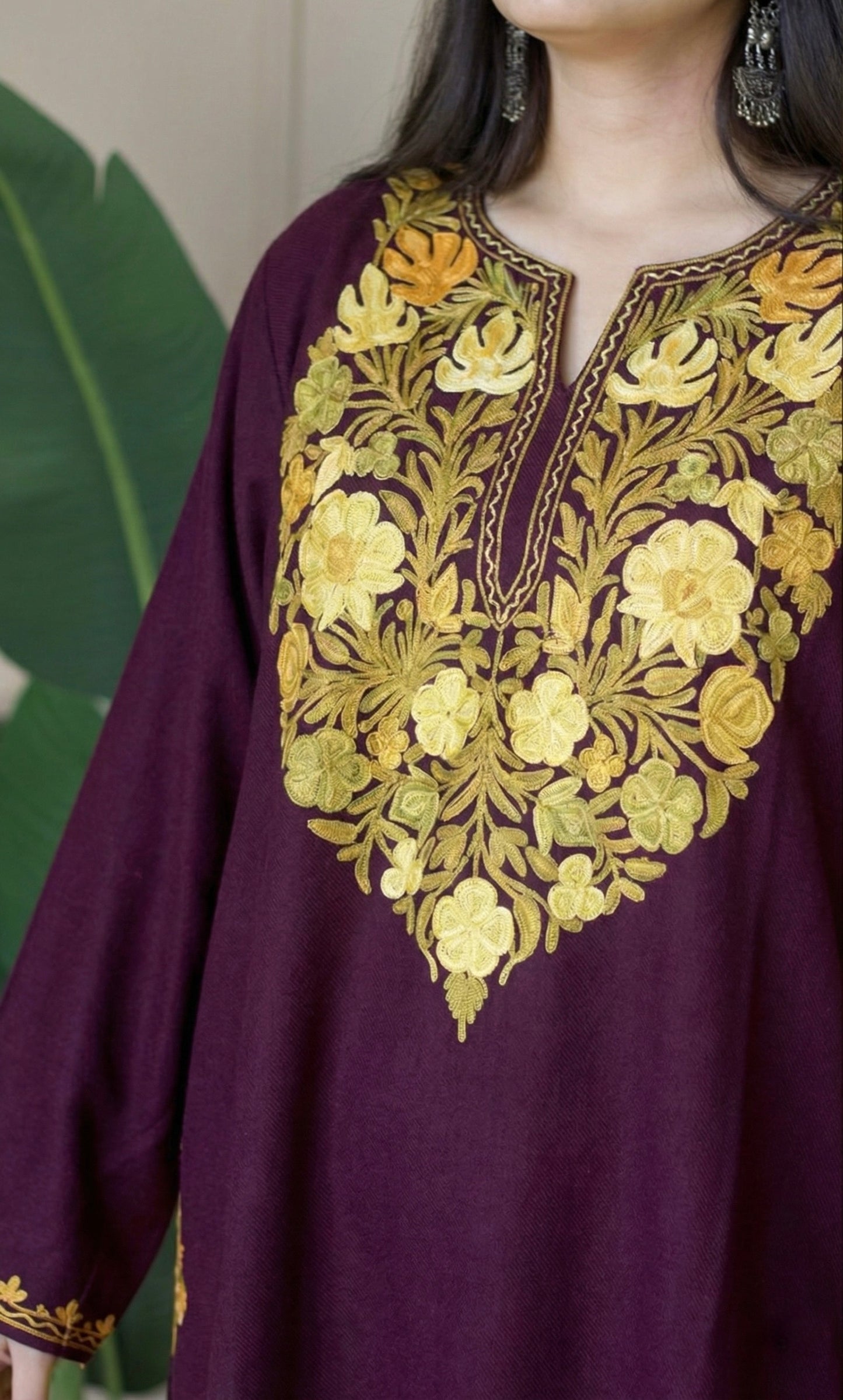 Wine Sage Gold Aari Embroidered Fine Cashmilon Pheran